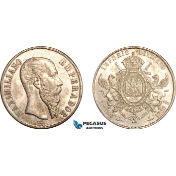 AK963, Mexico, Maximillian, 1 Peso 1866 Mo, Mexico City Mint, Silver, Light cleaning, AU-UNC