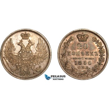 AK968, Russia, Nicholas I, 20 Kopeks 1850 СПБ-ПА, St. Petersburg Mint, Silver, Light cleaning, AU-UNC