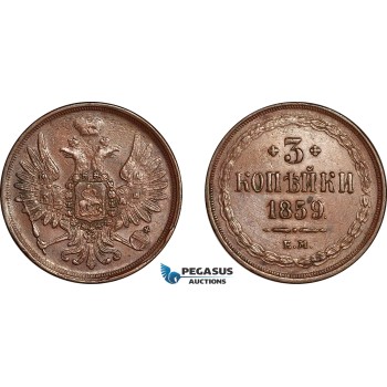 AK969, Russia, Alexander II, 3 Kopeks 1859 EМ, Ekaterinburg Mint, Cleaned, AU