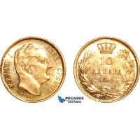 AK977, Serbia, Milan I. Obrenovic, 10 Dinara 1882 V, Vienna Mint, Gold, Lightly cleaned, AU-UNC