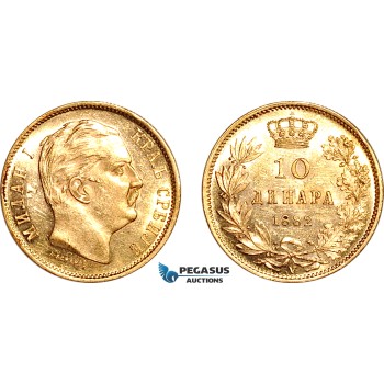 AK977, Serbia, Milan I. Obrenovic, 10 Dinara 1882 V, Vienna Mint, Gold, Lightly cleaned, AU-UNC