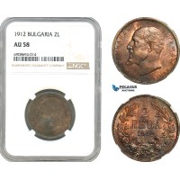AK987, Bulgaria, Ferdinand I, 2 Leva 1912, Kremnitz Mint, Silver, NGC AU58