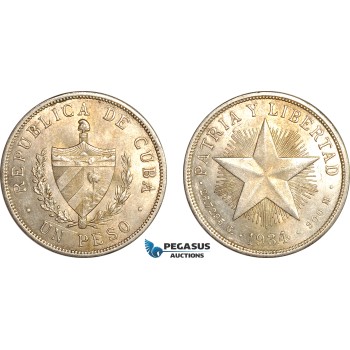 AK989, Cuba, "Star Type" Peso 1934, Philadelphia Mint, Silver, Cleaned, AU