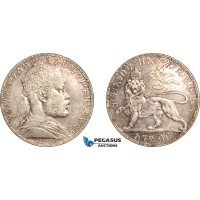 AK991, Ethiopia, Menelik II, 1 Birr EE1892 (1900) A, Paris Mint, Silver, Cleaned, XF