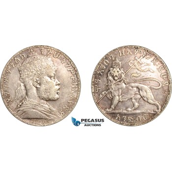 AK991, Ethiopia, Menelik II, 1 Birr EE1892 (1900) A, Paris Mint, Silver, Cleaned, XF