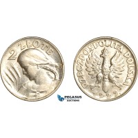 AL002, Poland, 2 Zlote 1925, London Mint, Silver, Cleaned, AU