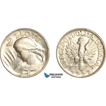 AL002, Poland, 2 Zlote 1925, London Mint, Silver, Cleaned, AU