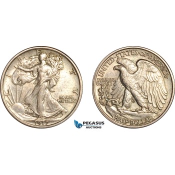 AL013, United States, Walking Liberty Half Dollar (50C) 1917, Philadelphia Mint, Silver, AU