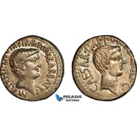 A11-001, Roman Republic, Marc Antony & Octavian, as Imperators and Triumvirs (ca. 43-33 BC). AR Denarius  (3.89g) Ephesus Mint, B1 BC, Well centered, Nice green/grey toning & very lustrous, AU, Rare!