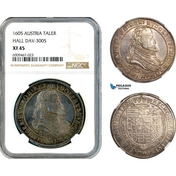 A11-011, Austria, Rudolph II, Taler 1605, Hall Mint, Silver, Dav-3005, Dark toning, NGC XF45