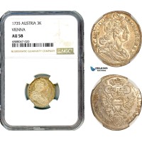 A11-026, Austria, Charles VI, 3 Kreuzer 1735, Vienna Mint, Silver, Her-722, NGC AU58