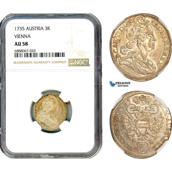 A11-026, Austria, Charles VI, 3 Kreuzer 1735, Vienna Mint, Silver, Her-722, NGC AU58