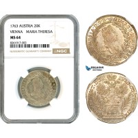 A11-029, Austria, Maria Theresia, 20 Kreuzer 1763, Vienna Mint, Silver, Her-840, Champagne toning, NGC MS64