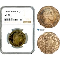 A11-038, Austria, Ferdinand I, 1/2 Taler 1844 A, Vienna Mint, Silver, Her-160, Old cabinet toning, NGC MS61