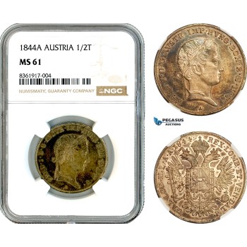 A11-038, Austria, Ferdinand I, 1/2 Taler 1844 A, Vienna Mint, Silver, Her-160, Old cabinet toning, NGC MS61
