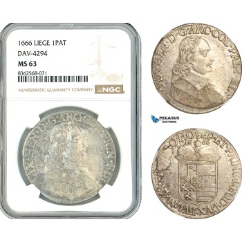 A11-056, Belgium, Maximilian Of Bavaria, Patagon 1666, Liege Mint, Silver, Dav-4294, Light toning, NGC MS63