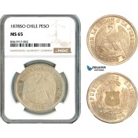 A11-121, Chile, 1 Peso 1878 SO, Santiago Mint, Silver, Km-142.1, Very flashy, NGC MS65
