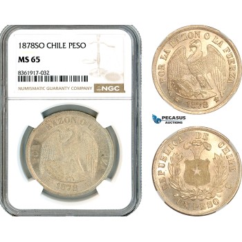 A11-121, Chile, 1 Peso 1878 SO, Santiago Mint, Silver, Km-142.1, Very flashy, NGC MS65