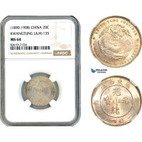 A11-126, China, Kwangtung, 20 Cents ND (1890-1908), Kwangtung Mint, Silver, L&M-135, Amber toning, NGC MS64