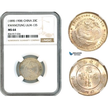A11-126, China, Kwangtung, 20 Cents ND (1890-1908), Kwangtung Mint, Silver, L&M-135, Amber toning, NGC MS64