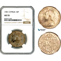 A11-144, Cyprus, British Colony, Victoria, 18 Piastres 1901, London Mint, Silver, Km-7, Spotted toning, NGC AU55