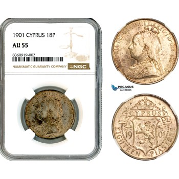 A11-144, Cyprus, British Colony, Victoria, 18 Piastres 1901, London Mint, Silver, Km-7, Spotted toning, NGC AU55