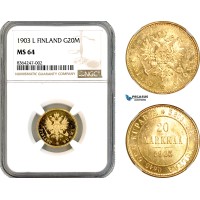 A11-155, Finland, Nicholas II of Russia, 20 Markkaa 1903 L, Helsinki Mint, Gold, Bitkin 385, NGC MS64 