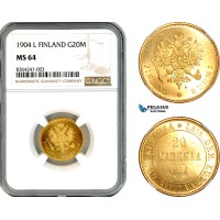 A11-156, Finland, Nicholas II of Russia, 20 Markkaa 1904 L, Helsinki Mint, Gold, Bitkin 386, NGC MS64 