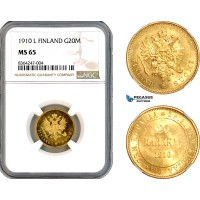A11-157, Finland, Nicholas II of Russia, 20 Markkaa 1910 L, Helsinki Mint, Gold, Bitkin 387, NGC MS65 