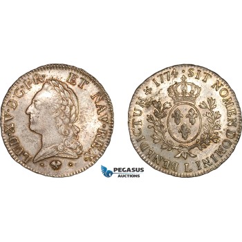 A11-171, France, Louis XV, Ecu 1774 L, Bayonne Mint, Silver (29.37g), Dav-1332, Cleaned in the past, Champagne toning, XF-UNC
