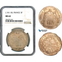 A11-177, France, Consulate, 5 Francs L'AN 10 L, Bayonne Mint, Silver, Gad-563, Light toning, NGC MS62, Top Pop! 