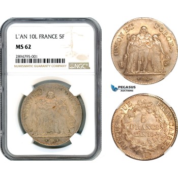 A11-177, France, Consulate, 5 Francs L'AN 10 L, Bayonne Mint, Silver, Gad-563, Light toning, NGC MS62, Top Pop!