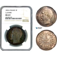 A11-186, France, Napoleon III, 5 Francs 1852 A, "JJ. Barre", Paris Mint, Silver, Km-773.1, Old cabinet toning, NGC MS63+, Rare!