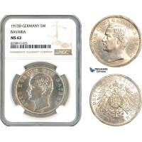 A11-198, Germany, Bavaria, Otto, 5 Mark 1913 D, Silver, Jaeger 46, Light toning, NGC MS62