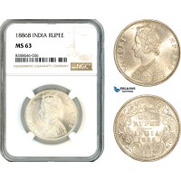 A11-266, India, Victoria, Rupee 1886 B, Bombay Mint, Silver, Km-492, Blast white, NGC MS63