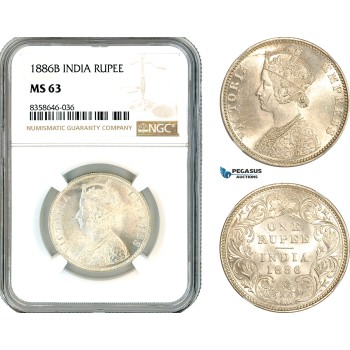 A11-266, India, Victoria, Rupee 1886 B, Bombay Mint, Silver, Km-492, Blast white, NGC MS63