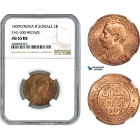 A11-281, Italian Somaliland, Vittorio Emanuele III,  Prova (Pattern) 2 Bese 1909 R, Rome Mint, Pagani-400; Km-Pr2, NGC MS65RB