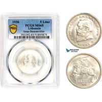 A11-298, Lithuania, 5 Litai 1936 Dr. Jonas Basanavicius, Silver, Km-82, Blast white, PCGS MS65