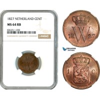 A11-344, Netherlands, Kingdom, William I, 1 Cent 1827, Utrecht Mint, Km-47, NGC MS64RB, Top Pop!