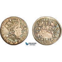 A11-367, Poland, Stephen Bathory, 3 Groschen ( Trojak) 1585 Cross below Bust, Poznan Mint, Silver (1.94g), Iger P.85.4 (R4), Old cabinet toning, Rare! VF