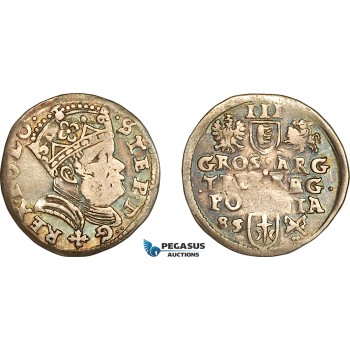 A11-367, Poland, Stephen Bathory, 3 Groschen ( Trojak) 1585 Cross below Bust, Poznan Mint, Silver (1.94g), Iger P.85.4 (R4), Old cabinet toning, Rare! VF