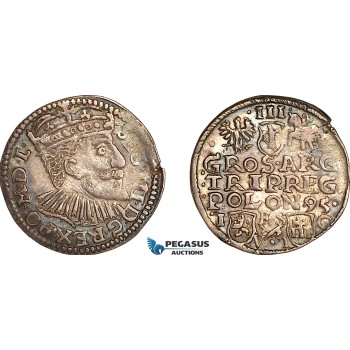 A11-373, Poland, Sigismund III, 3 Groschen (Trojak) 1595, Bydgoszcz Mint, Silver (2.07g), Iger B.95.3a, Old cabinet toning, AU