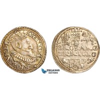 A11-378, Poland, Sigismund III, 3 Groschen (Trojak) 1597, ''7'' strongly restruck like an Axe, with a sharp tail at the bottom, Olkusz  Mint, Silver (2.34g), Iger O.97.2 var, (Unpublished Variety) Green/grey toning, AU