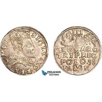 A11-380, Poland, Sigismund III, 3 Groschen (Trojak) 1598 HR K, Fraustadt (Wschowa) Mint, Silver (2.18g), Iger W.98.2c, Light toning, Scratch, XF