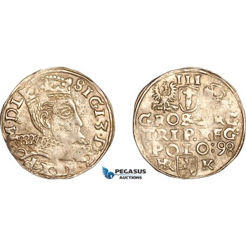 A11-381, Poland, Sigismund III, 3 Groschen (Trojak) 1598 HR K, Fraustadt (Wschowa) Mint, Silver (xxxg), Iger W.98.2d, Light toning, XF