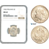 A11-409, Poland, 2 Zlote 1932, Warsaw Mint, Silver, Par-110.a, Light toning, NGC MS62