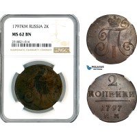 A11-459, Russia, Paul I, 2 Kopeks 1797 KM, Suzun Mint, Bitkin-141, NGC MS62BN