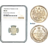 A11-605, Russia, Nicholas II, 10 Kopeks 1902 СПБ AP, St. Petersburg Mint, Silver, Bitkin-154, NGC MS65