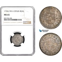 A11-657, Spain, Philip V, 1 Real 1726/1 M, Overdate, Madrid Mint, Silver, Cal-2019-436, Fantastic toning and eye appeal! NGC MS65