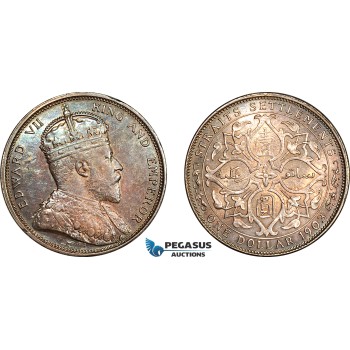 A11-661, Straits Settlements, Edward VII, Dollar 1903 B, Bombay Mint, Prid-1, Incuse B, Old cabinet toning, AU-UNC
